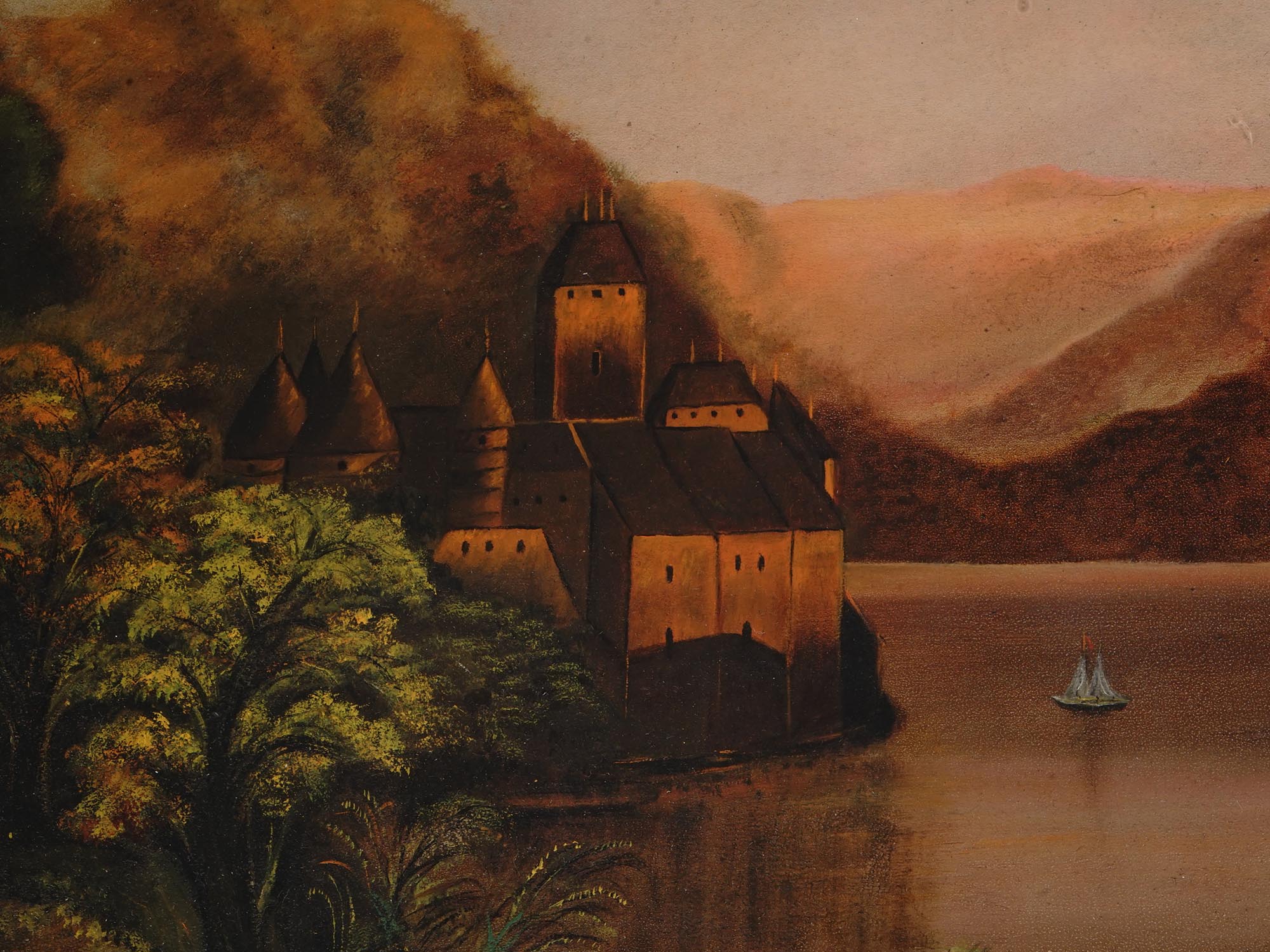 EUROPEAN SCHOOL OIL PAINTING CHATEAU DE CHILLON PIC-3